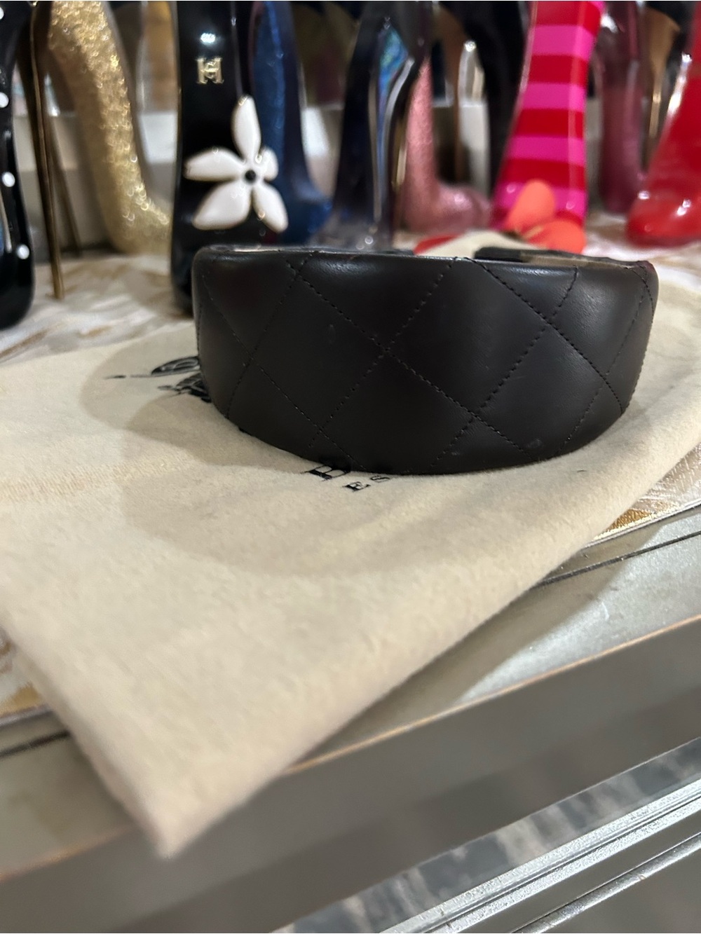 Burberry Wide Black Leather Matte Quilted Headband